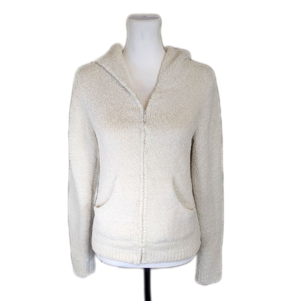 Barefoot Dreams Cozy Chic full zip nubby fleece jacket, off white/cream M